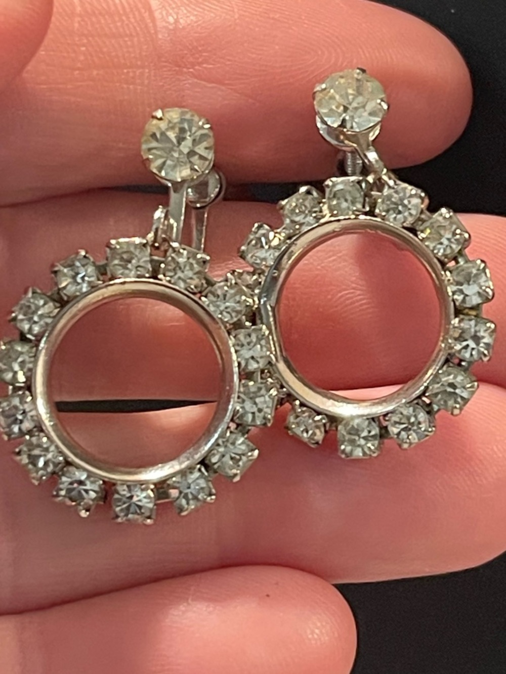 Clear Crystal Circle Drop Earrings - Silver Tone clip-on